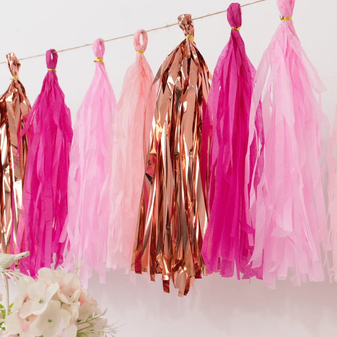 16 Assorted Pre-Tied Foil and Paper Tassels Garland with 10 feet Hanging String