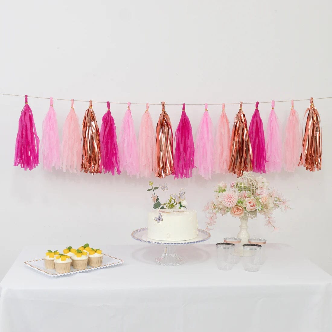 16 Assorted Pre-Tied Foil and Paper Tassels Garland with 10 feet Hanging String