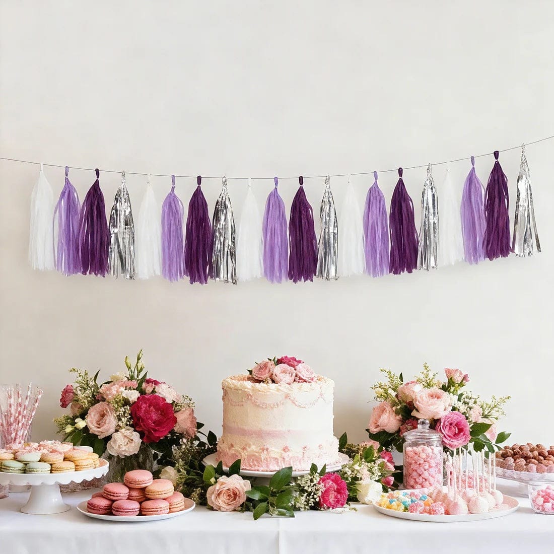 16 Assorted Pre-Tied Foil and Paper Tassels Garland with 10 feet Hanging String