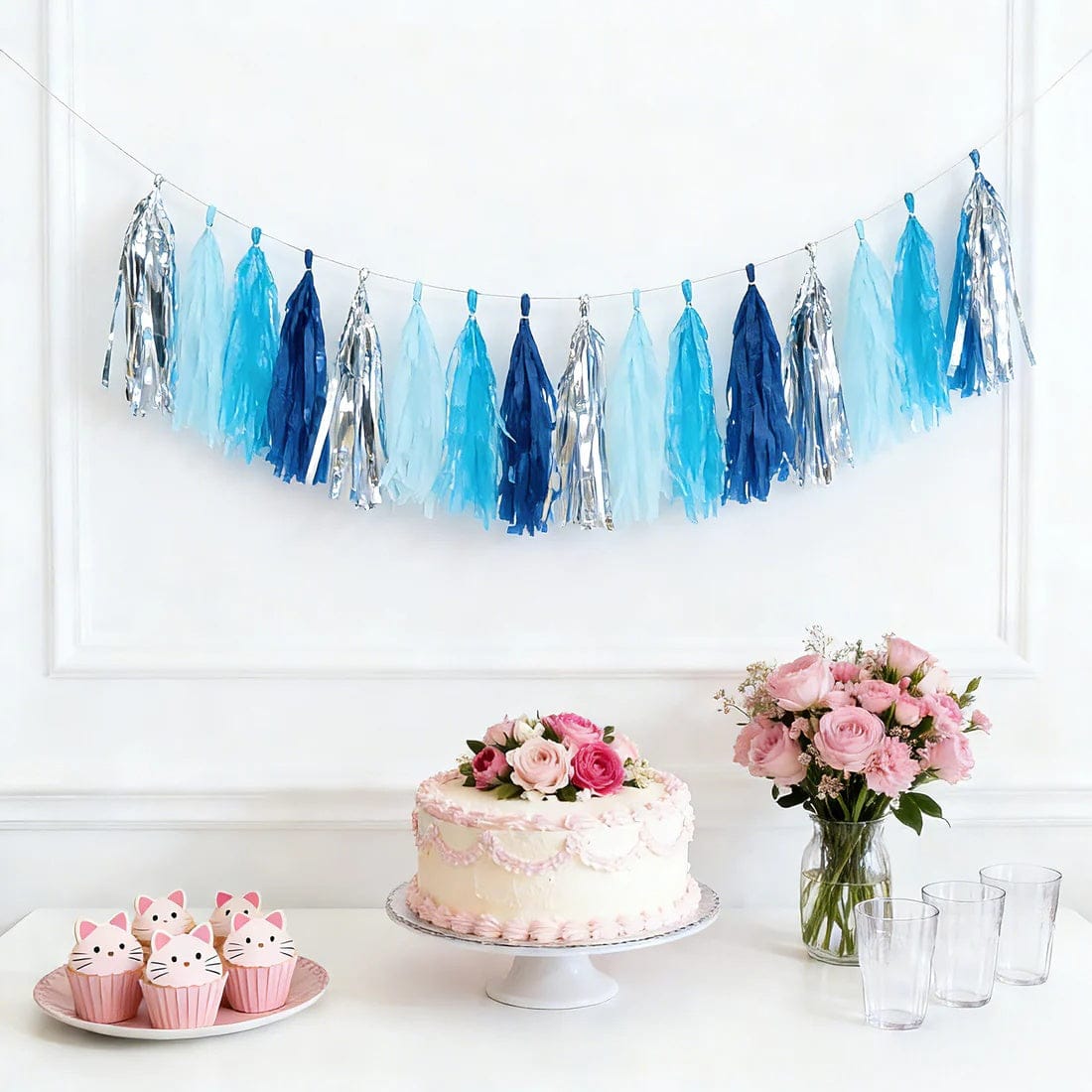16 Assorted Pre-Tied Foil and Paper Tassels Garland with 10 feet Hanging String