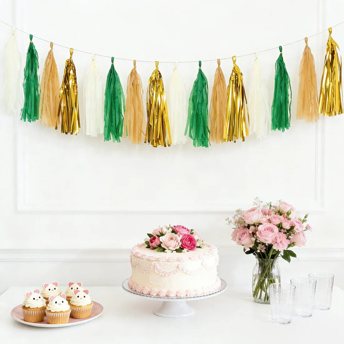 16 Assorted Pre-Tied Foil and Paper Tassels Garland with 10 feet Hanging String