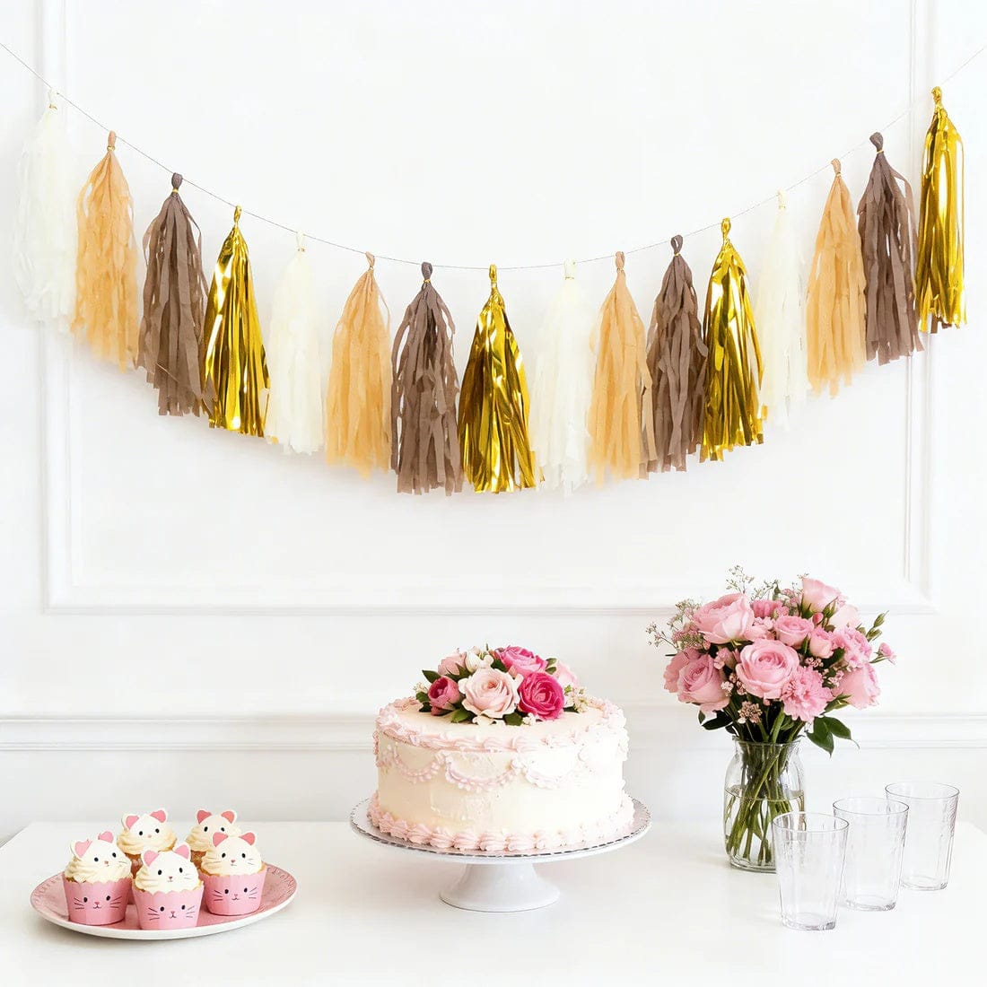 16 Assorted Pre-Tied Foil and Paper Tassels Garland with 10 feet Hanging String