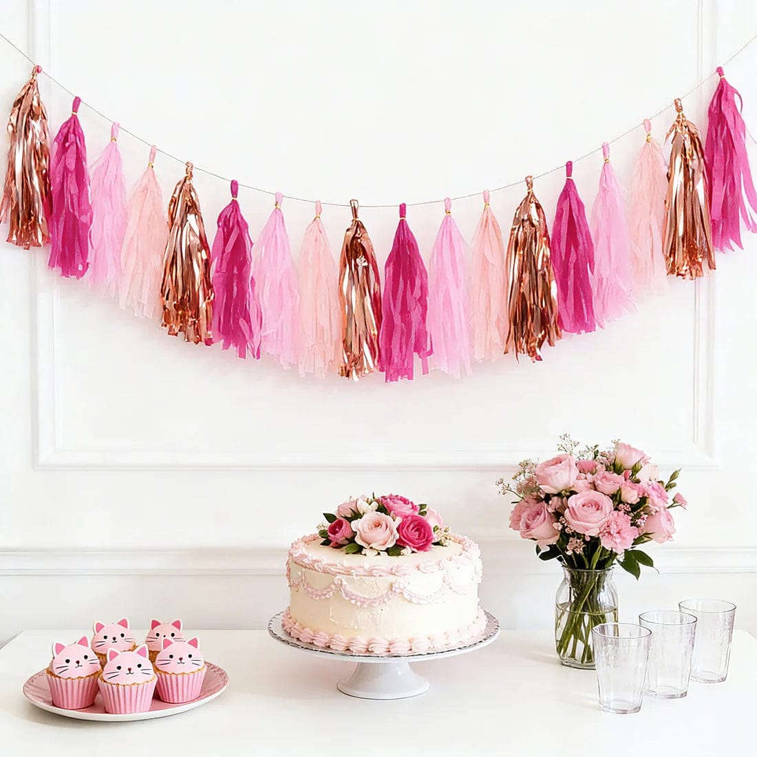 16 Assorted Pre-Tied Foil and Paper Tassels Garland with 10 feet Hanging String