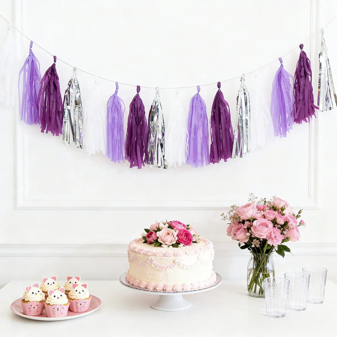16 Assorted Pre-Tied Foil and Paper Tassels Garland with 10 feet Hanging String