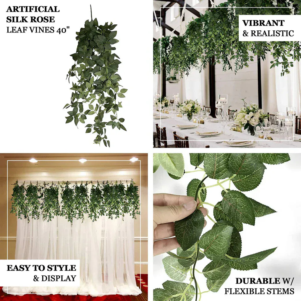 3 Green Artificial Hanging Greenery Bushes Silk Rose Leaf Vines
