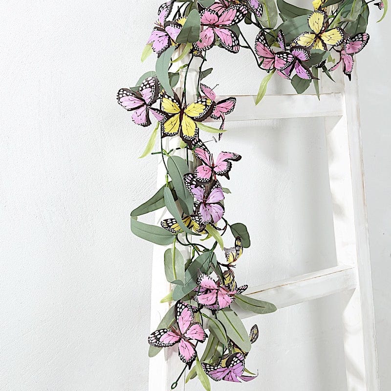 6 feet Faux Butterfly Flower Artificial 3 Garlands with Willow Greenery Leaves