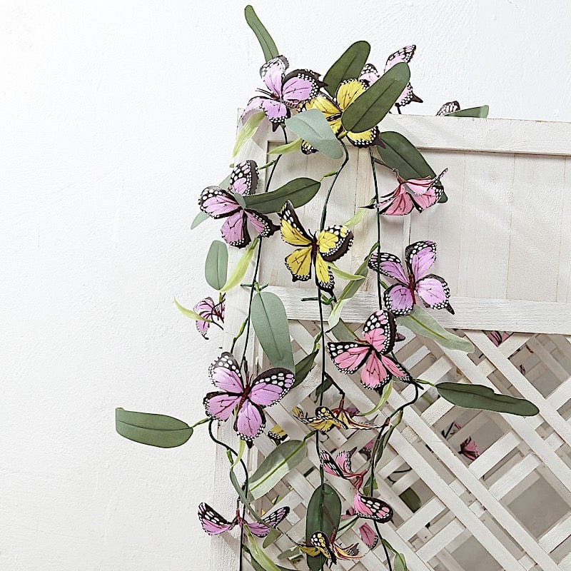 6 feet Faux Butterfly Flower Artificial 3 Garlands with Willow Greenery Leaves