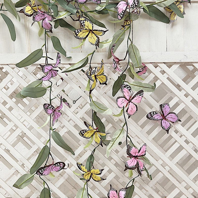 6 feet Faux Butterfly Flower Artificial 3 Garlands with Willow Greenery Leaves