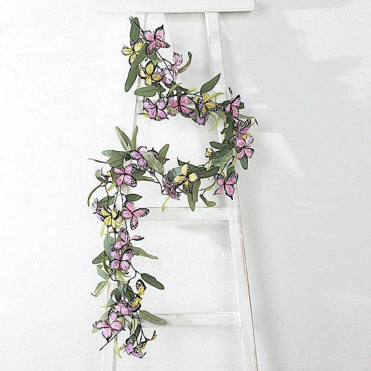 6 feet Faux Butterfly Flower Artificial 3 Garlands with Willow Greenery Leaves