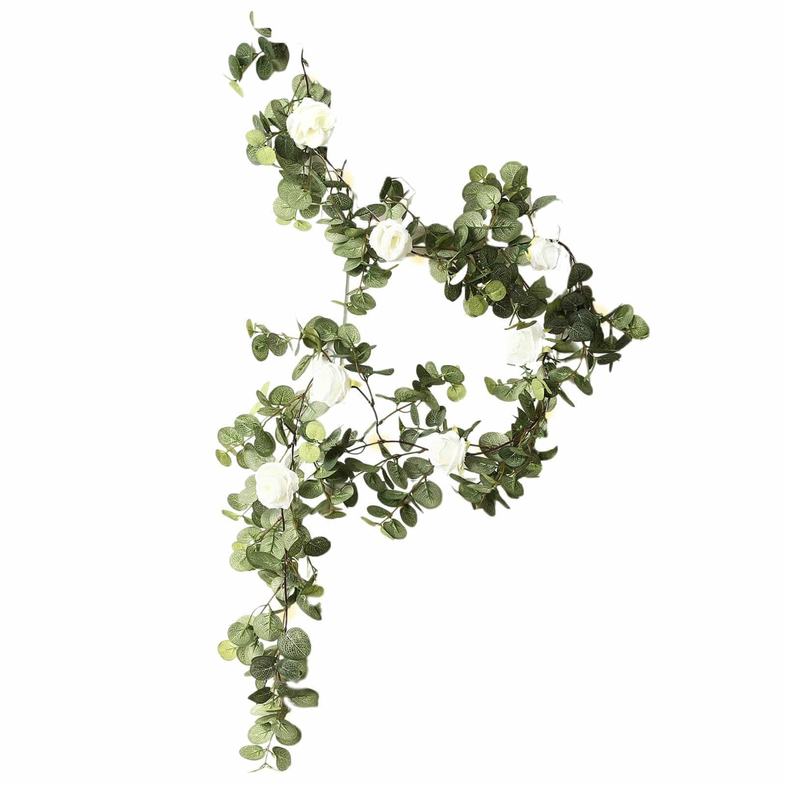 6 feet Green Artificial Eucalyptus LED Garland with Ivory Silk Rose Flowers