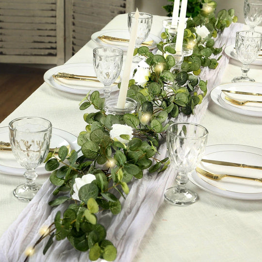 6 feet Green Artificial Eucalyptus LED Garland with Ivory Silk Rose Flowers
