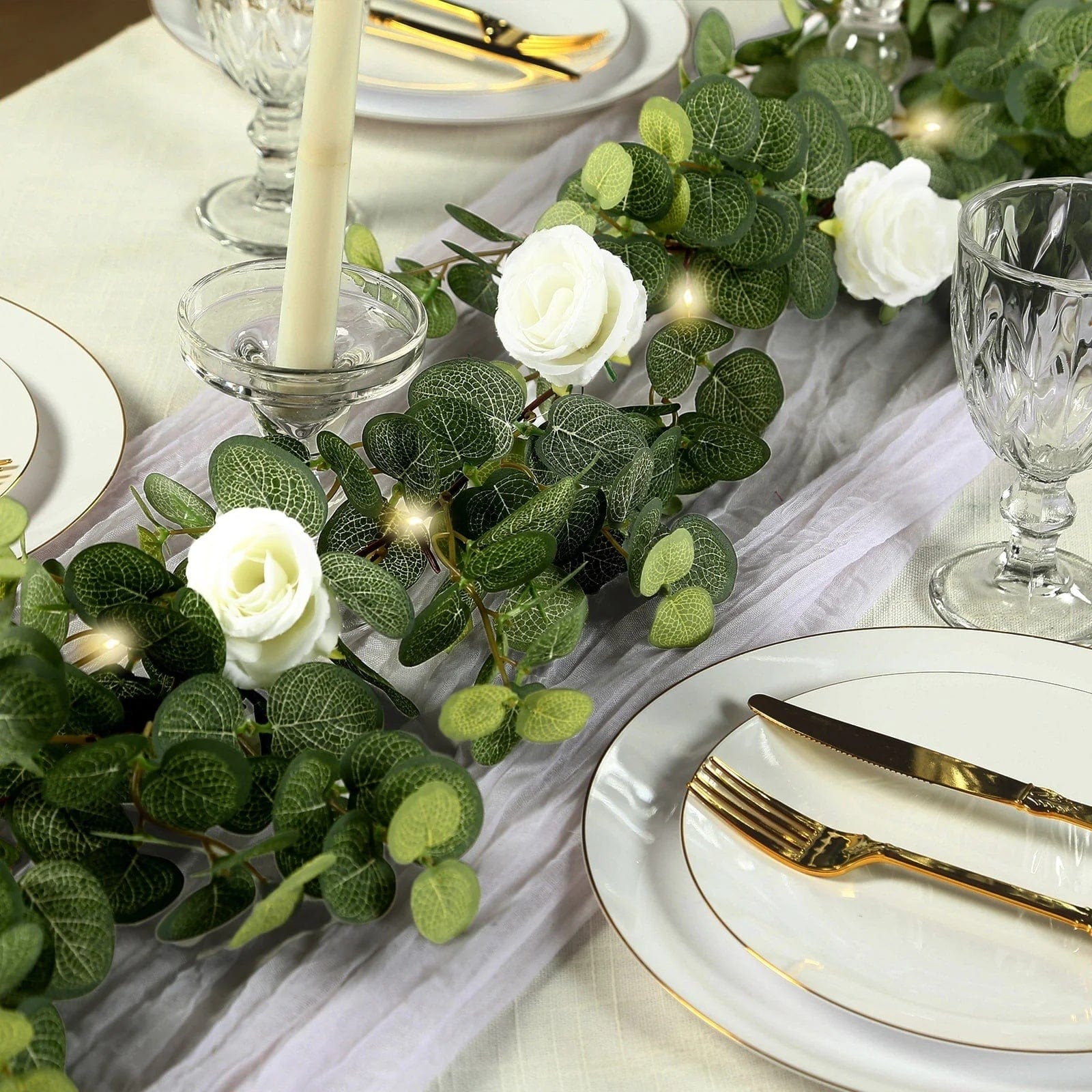 6 feet Green Artificial Eucalyptus LED Garland with Ivory Silk Rose Flowers