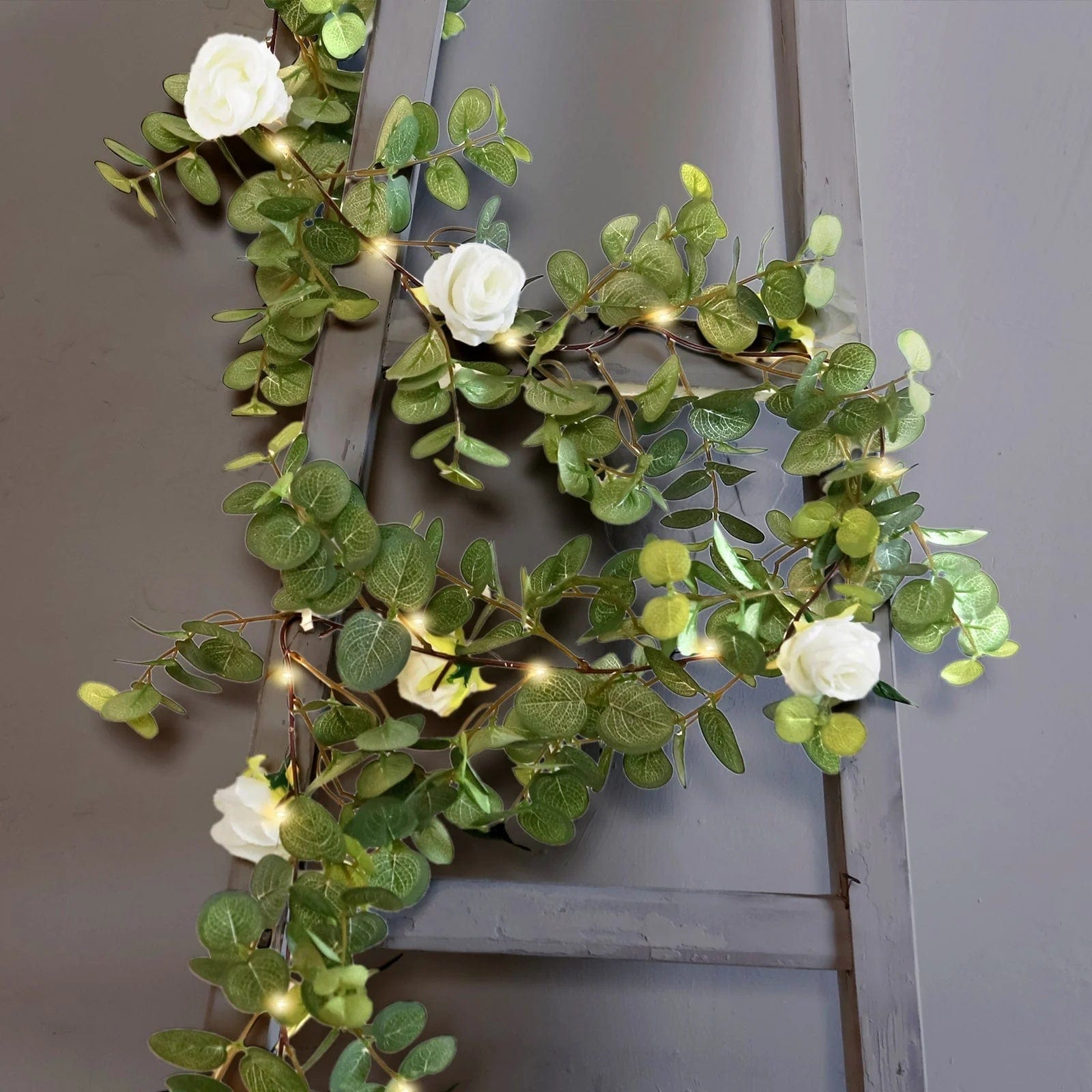 6 feet Green Artificial Eucalyptus LED Garland with Ivory Silk Rose Flowers