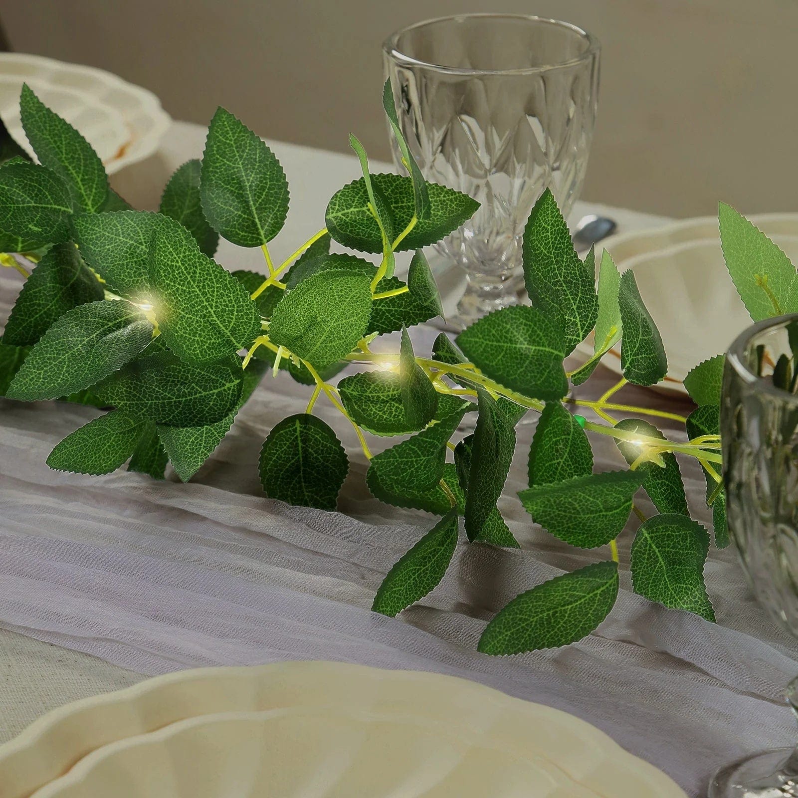 6 feet Green Artificial Rose Leaves Garland with LED Lights