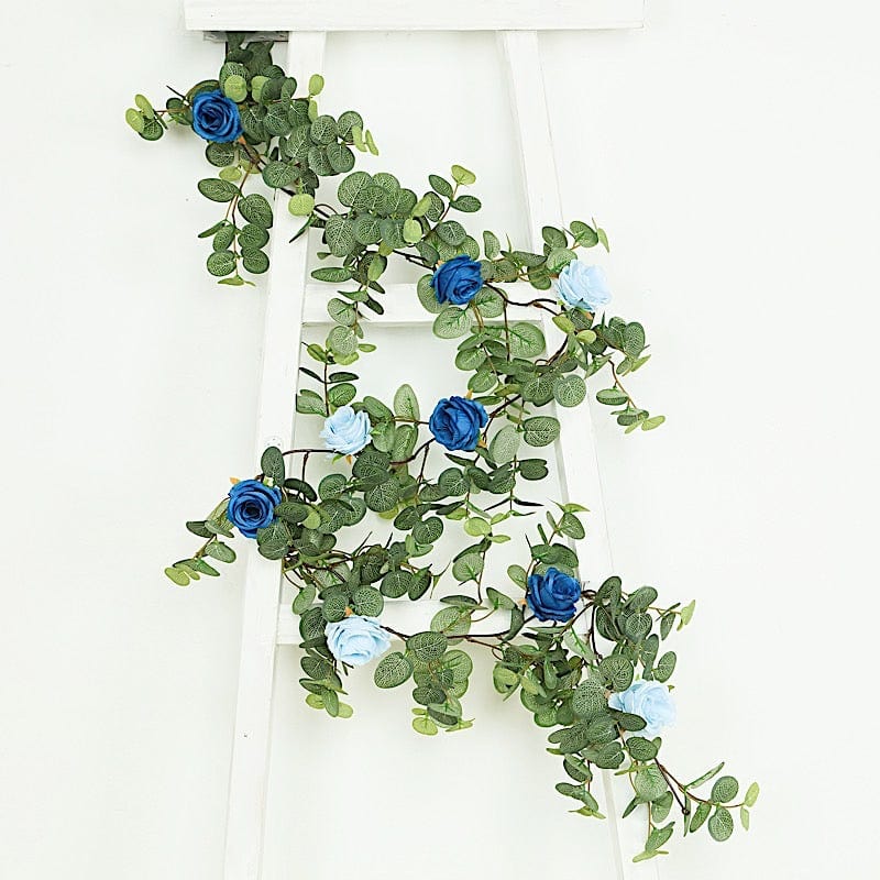 6 ft long Frosted Green Artificial Eucalyptus Leaves with Roses Flowers Vine Garland