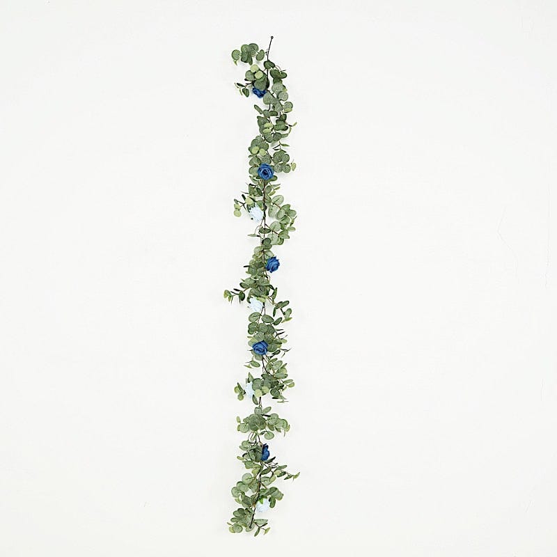 6 ft long Frosted Green Artificial Eucalyptus Leaves with Roses Flowers Vine Garland