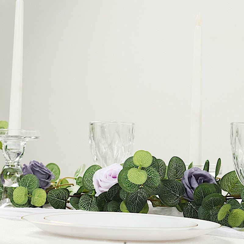 6 ft long Frosted Green Artificial Eucalyptus Leaves with Roses Flowers Vine Garland