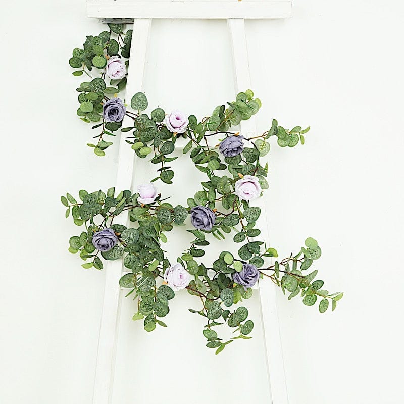 6 ft long Frosted Green Artificial Eucalyptus Leaves with Roses Flowers Vine Garland