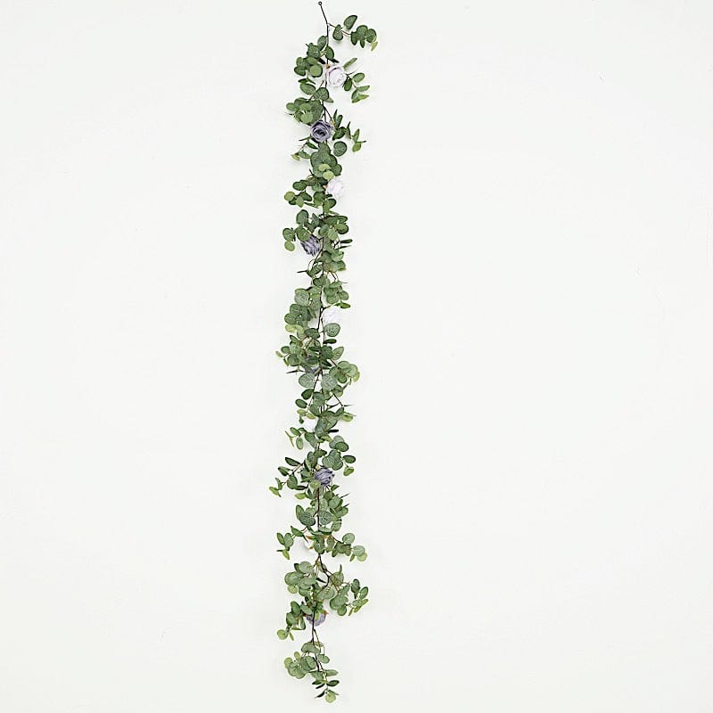 6 ft long Frosted Green Artificial Eucalyptus Leaves with Roses Flowers Vine Garland