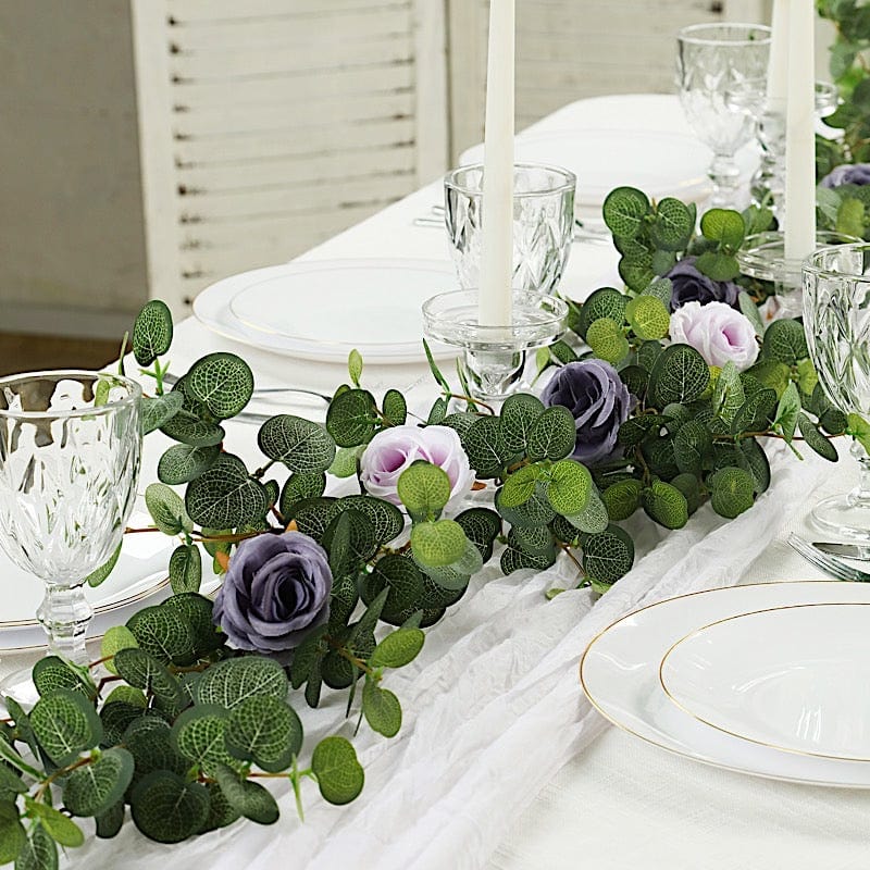 6 ft long Frosted Green Artificial Eucalyptus Leaves with Roses Flowers Vine Garland
