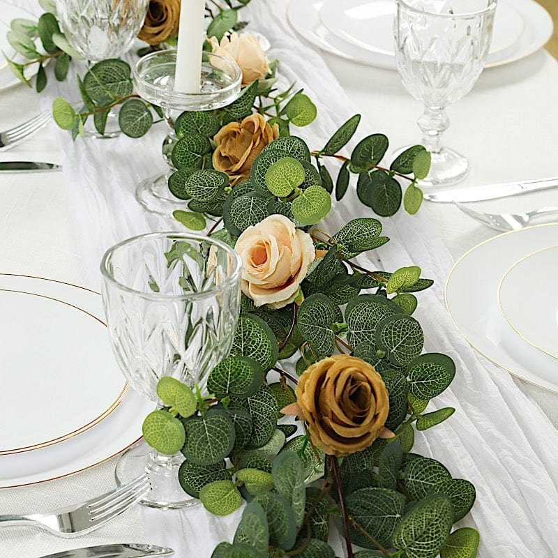 6 ft long Frosted Green Artificial Eucalyptus Leaves with Roses Flowers Vine Garland