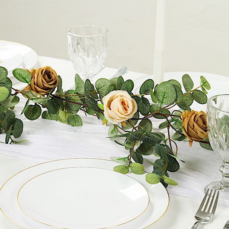 6 ft long Frosted Green Artificial Eucalyptus Leaves with Roses Flowers Vine Garland