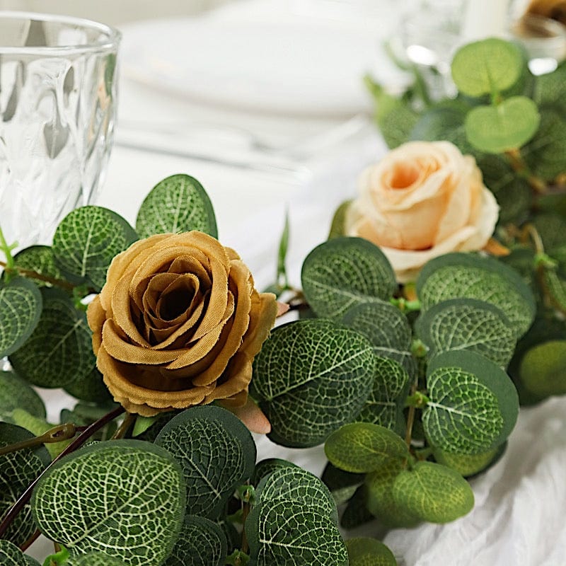 6 ft long Frosted Green Artificial Eucalyptus Leaves with Roses Flowers Vine Garland