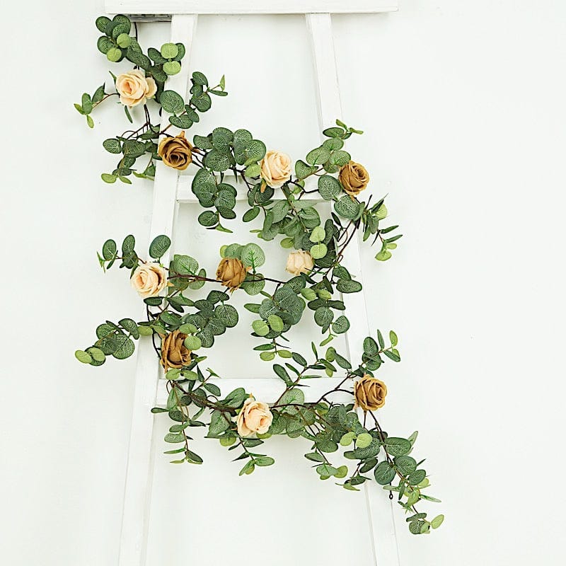 6 ft long Frosted Green Artificial Eucalyptus Leaves with Roses Flowers Vine Garland