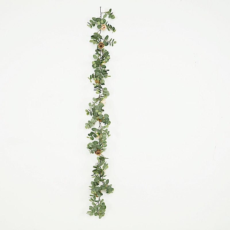 6 ft long Frosted Green Artificial Eucalyptus Leaves with Roses Flowers Vine Garland