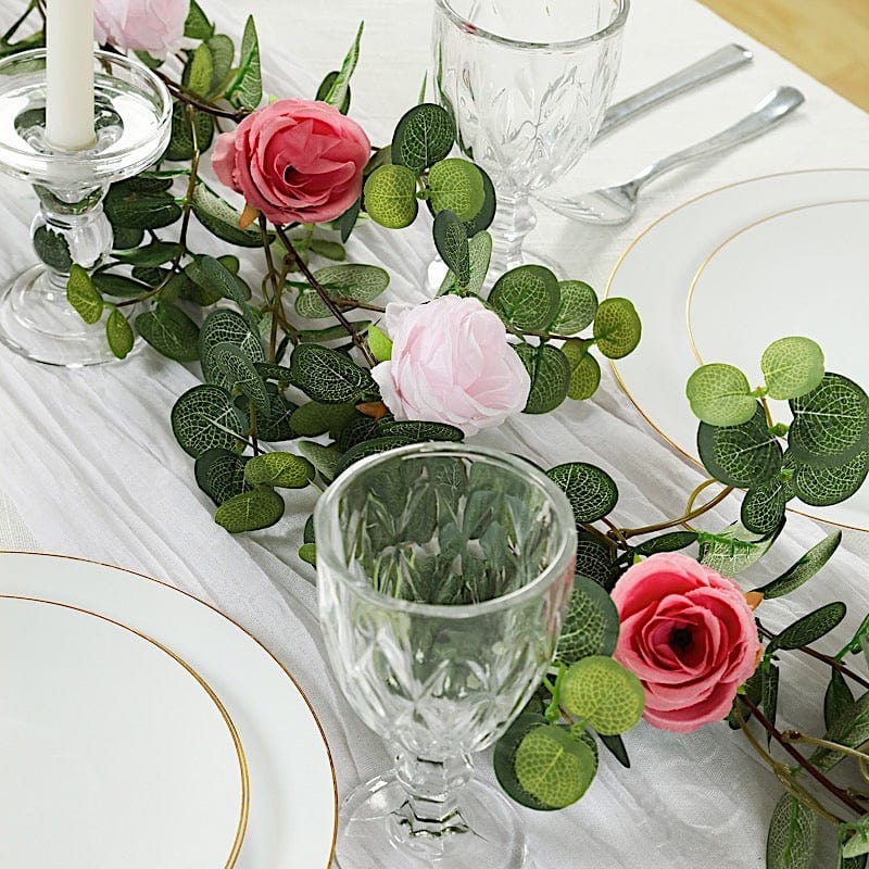 6 ft long Frosted Green Artificial Eucalyptus Leaves with Roses Flowers Vine Garland