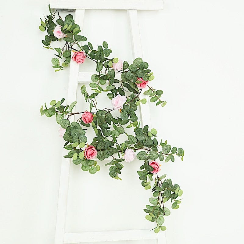 6 ft long Frosted Green Artificial Eucalyptus Leaves with Roses Flowers Vine Garland