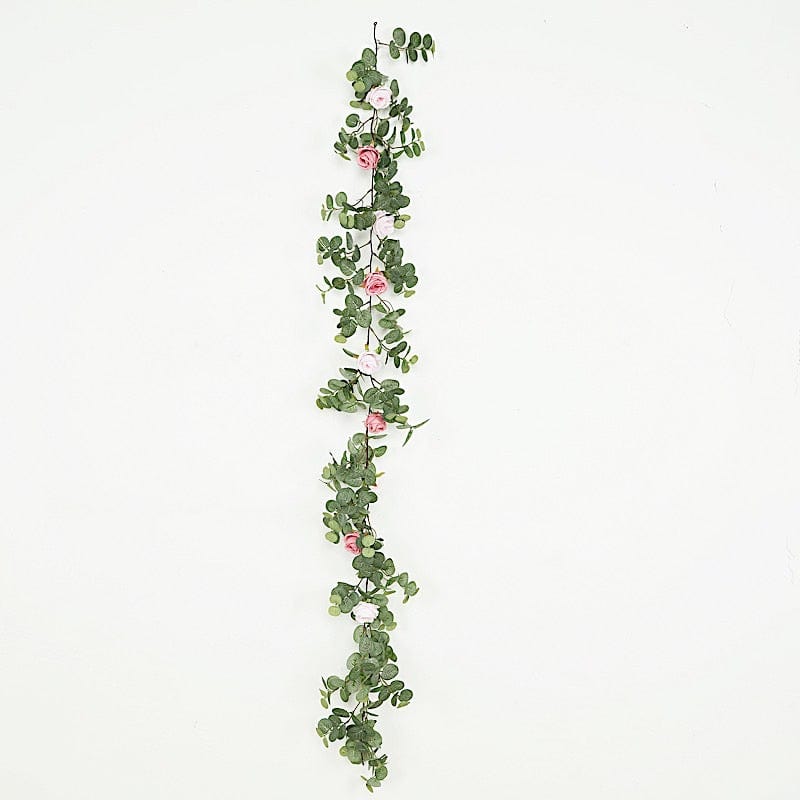 6 ft long Frosted Green Artificial Eucalyptus Leaves with Roses Flowers Vine Garland
