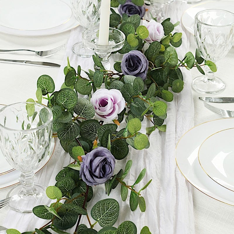 6 ft long Frosted Green Artificial Eucalyptus Leaves with Roses Flowers Vine Garland