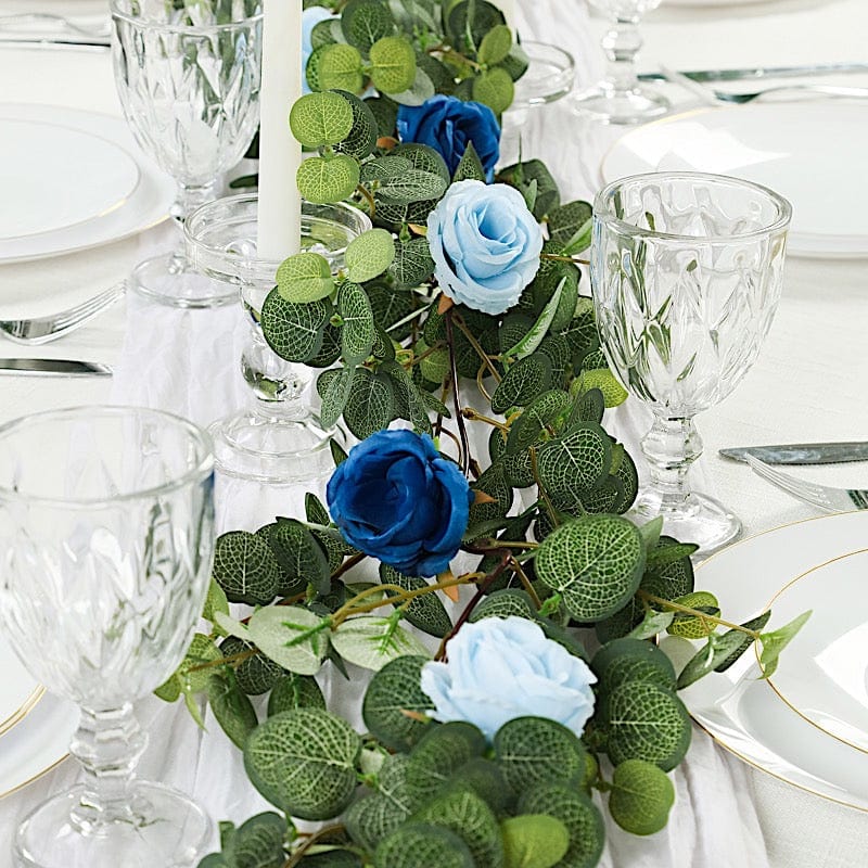 6 ft long Frosted Green Artificial Eucalyptus Leaves with Roses Flowers Vine Garland