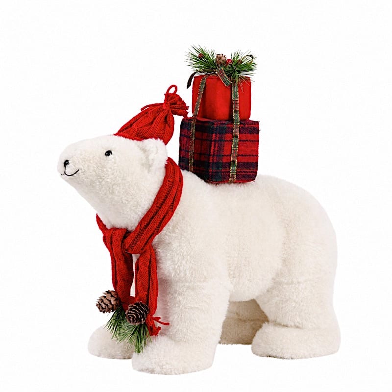 16 in White Plush Teddy Bear Christmas Figurine with Red Knit Hat & Scarf