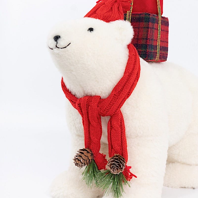 16 in White Plush Teddy Bear Christmas Figurine with Red Knit Hat & Scarf