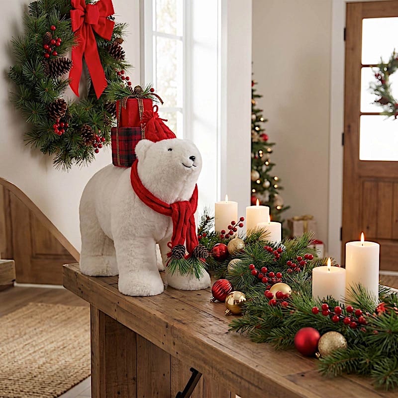 16 in White Plush Teddy Bear Christmas Figurine with Red Knit Hat & Scarf