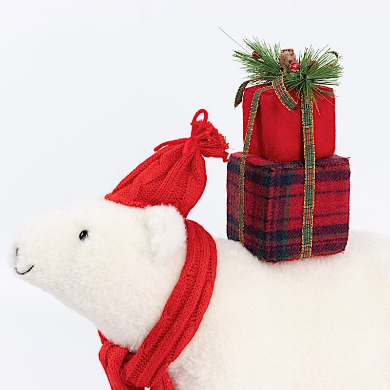 16 in White Plush Teddy Bear Christmas Figurine with Red Knit Hat & Scarf