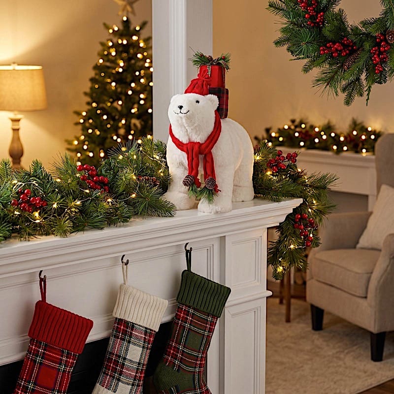 16 in White Plush Teddy Bear Christmas Figurine with Red Knit Hat & Scarf