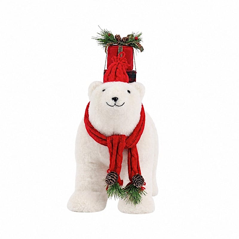 16 in White Plush Teddy Bear Christmas Figurine with Red Knit Hat & Scarf