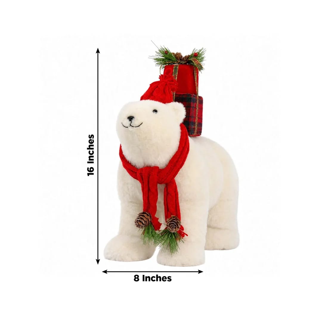 16 in White Plush Teddy Bear Christmas Figurine with Red Knit Hat & Scarf