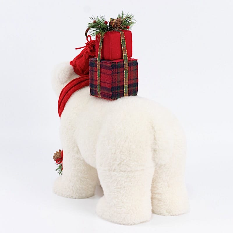 16 in White Plush Teddy Bear Christmas Figurine with Red Knit Hat & Scarf