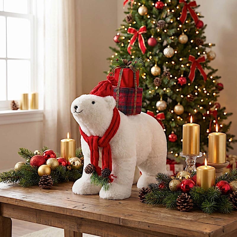 16 in White Plush Teddy Bear Christmas Figurine with Red Knit Hat & Scarf