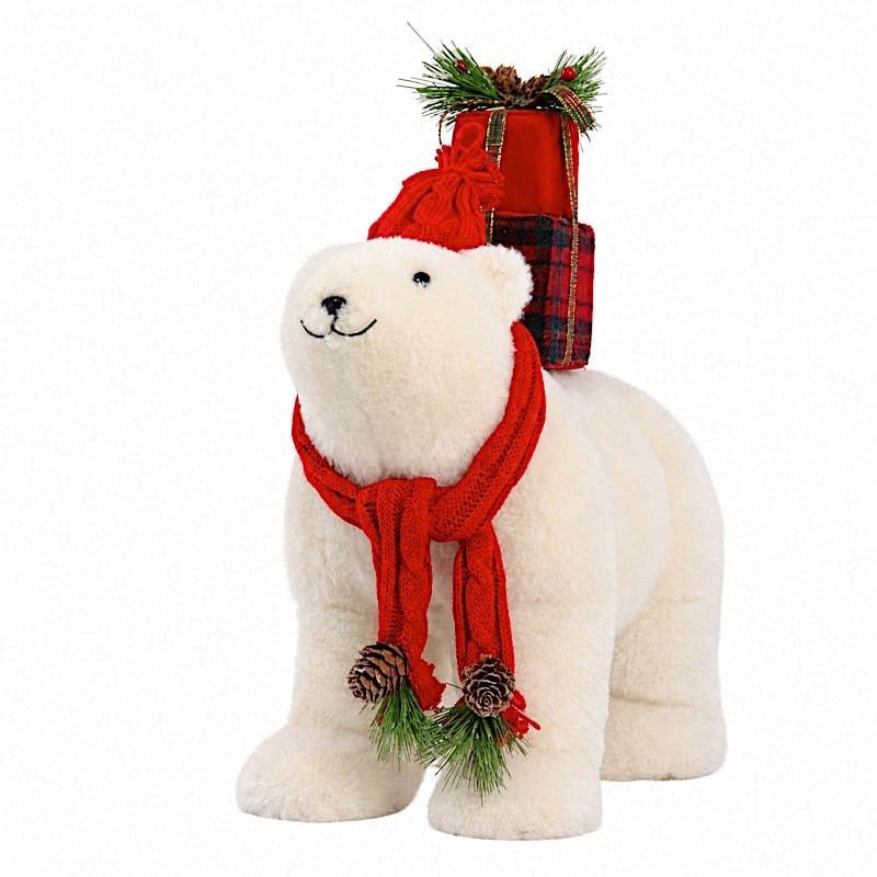 16 in White Plush Teddy Bear Christmas Figurine with Red Knit Hat & Scarf