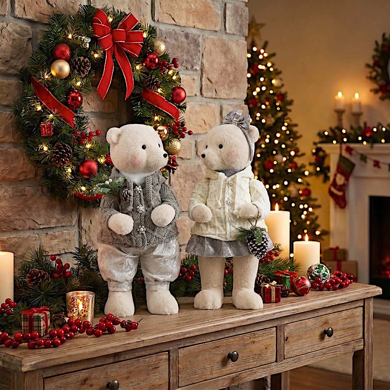 2 pcs 24 in Plush Teddy Bear Figurines Boy & Girl with Knit Jackets