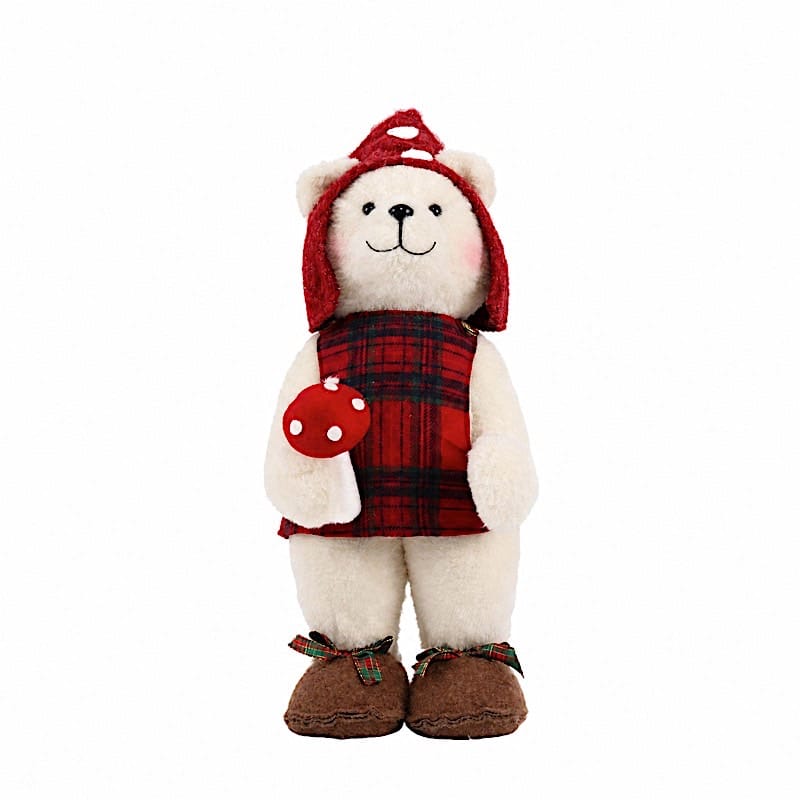 24 in White Plush Teddy Bear Gnome Christmas Figurine with Red Plaid Outfit