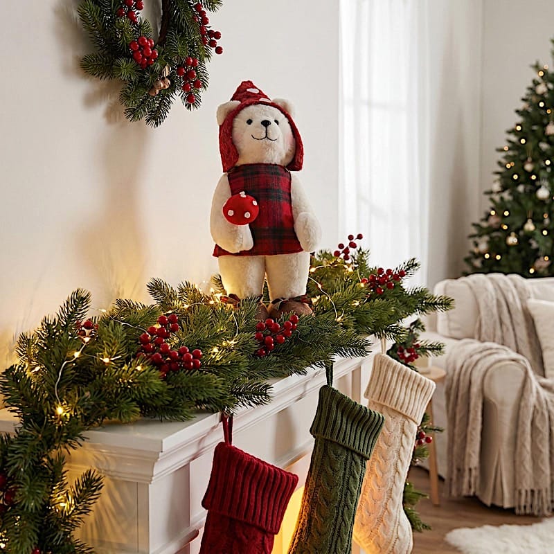 24 in White Plush Teddy Bear Gnome Christmas Figurine with Red Plaid Outfit