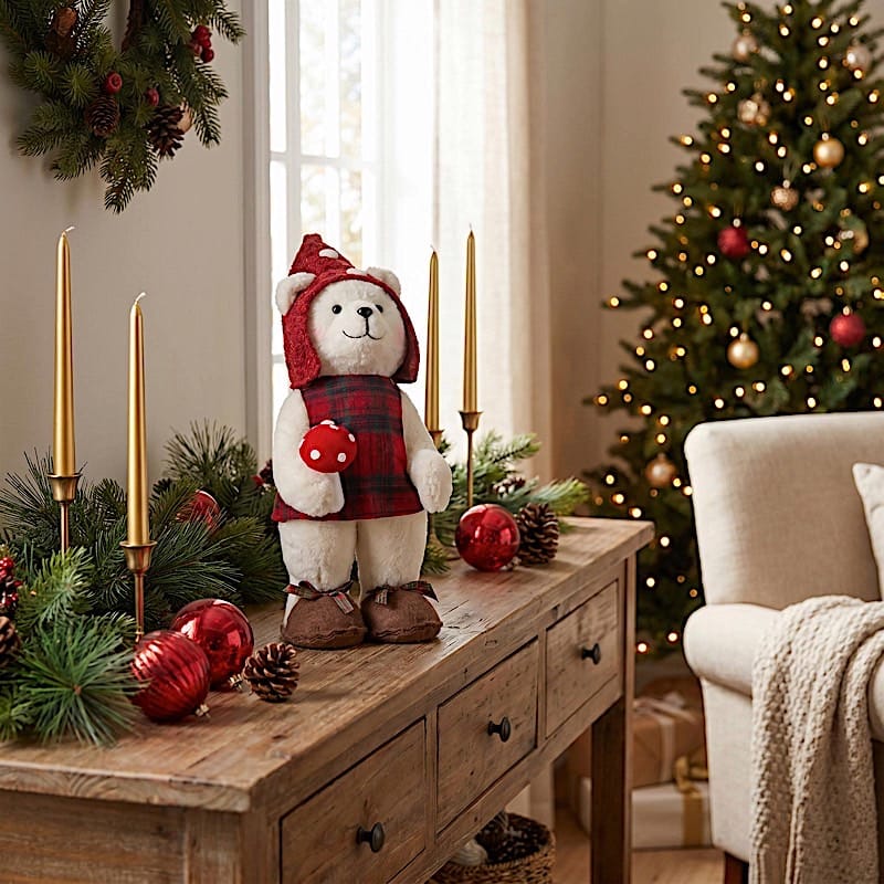 24 in White Plush Teddy Bear Gnome Christmas Figurine with Red Plaid Outfit