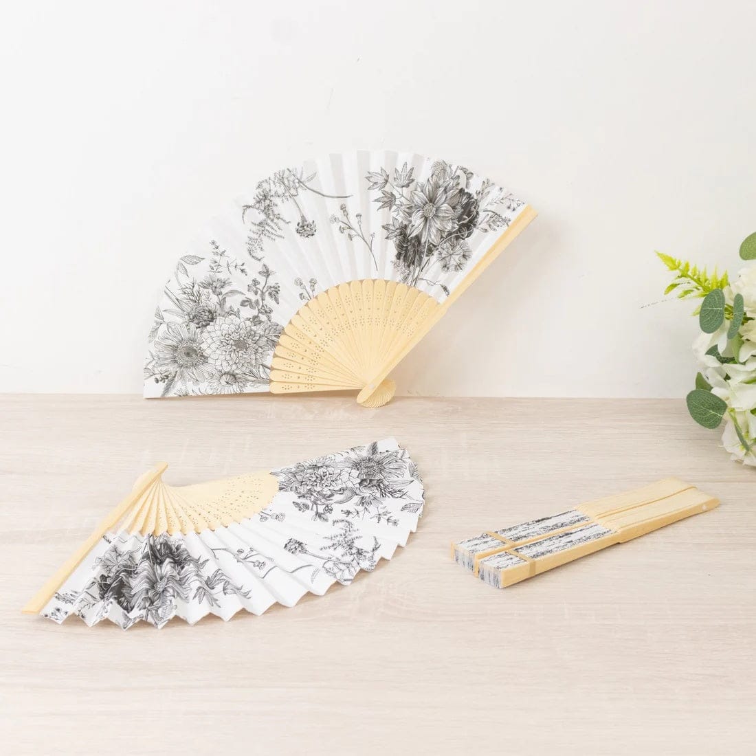 5 White Paper Folding Fans with French Toile Pattern