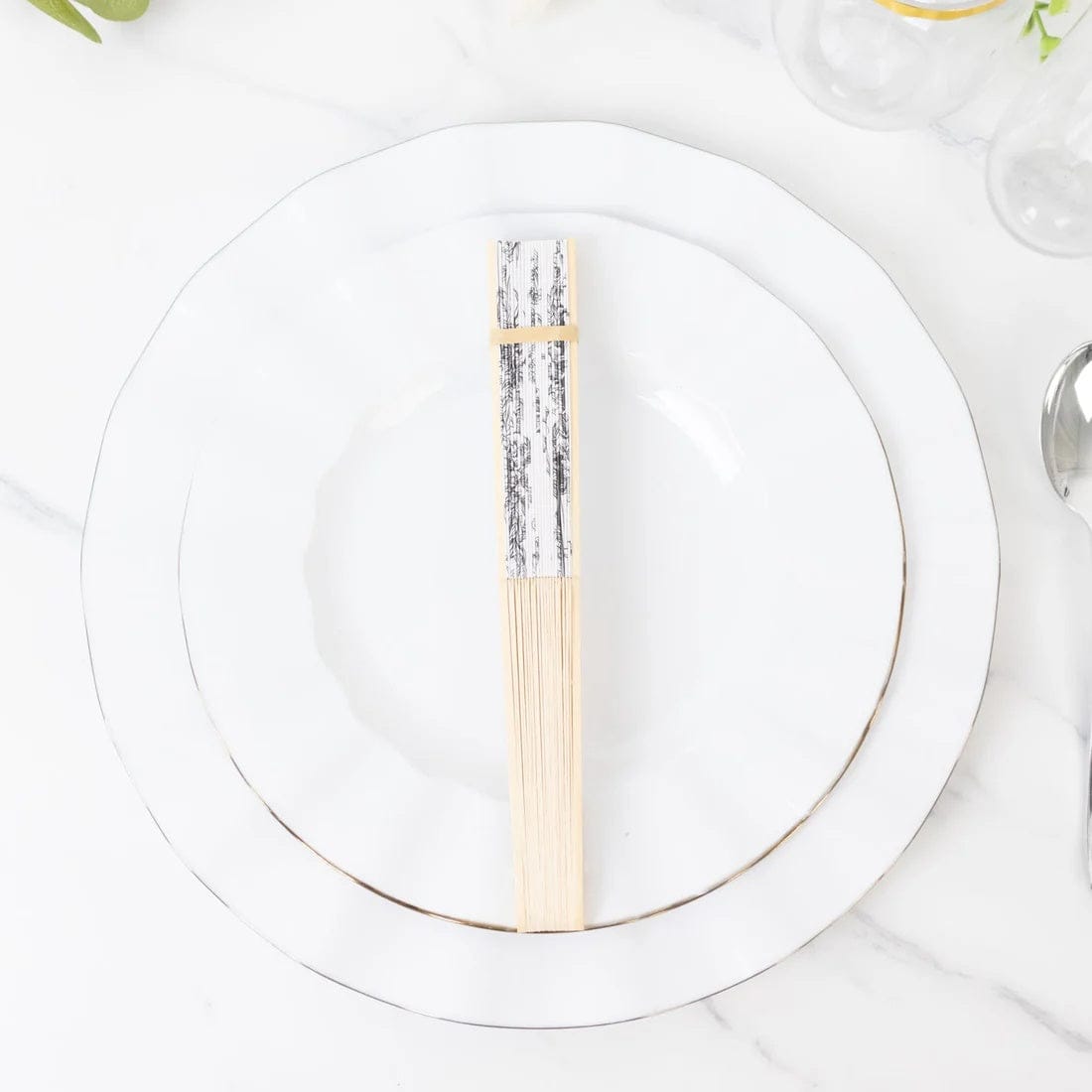 5 White Paper Folding Fans with French Toile Pattern